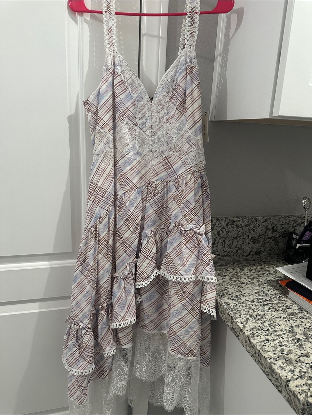 Anthropologie Plaid High-Low Lace-Trim Slip Dress in Light Blue & Brown